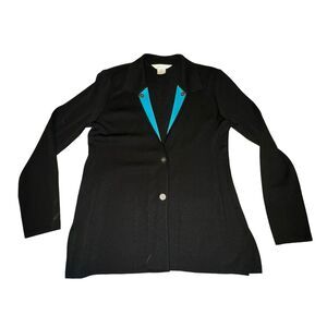 Exclusively Misook Cardigan Womens Size S Black Blue 1 Button Contrasting Collar